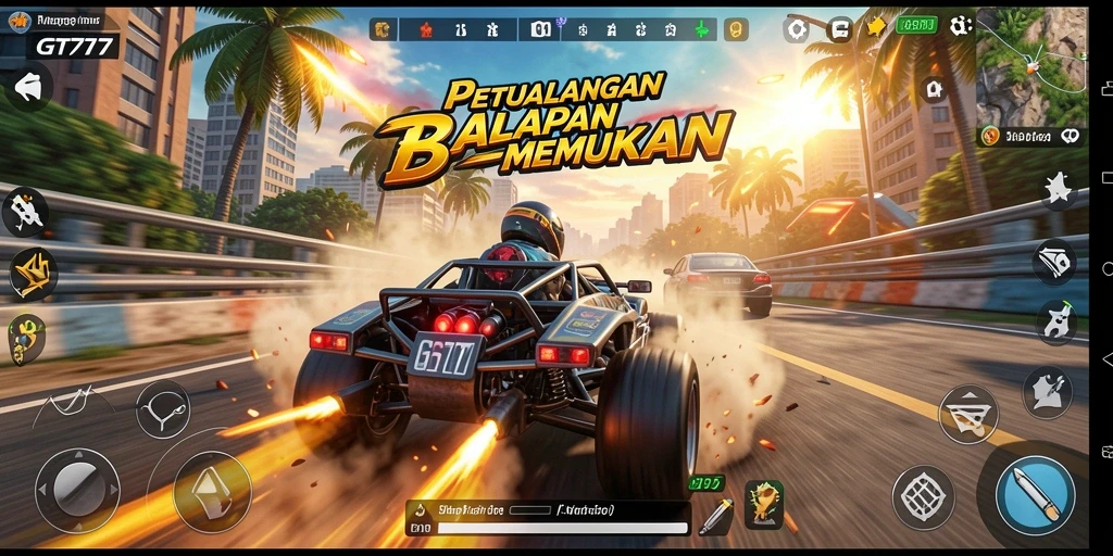 Screenshot gameplay GT777 yang menunjukkan aksi balapan seru.