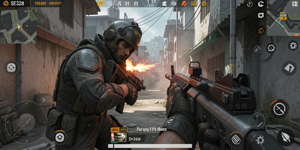 Tangkapan layar SE328 yang menunjukkan aksi intens dalam gameplay FPS.