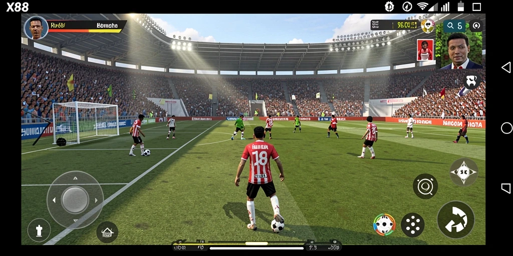 Tampilan gameplay X88 yang seru dan menantang di lapangan sepak bola.